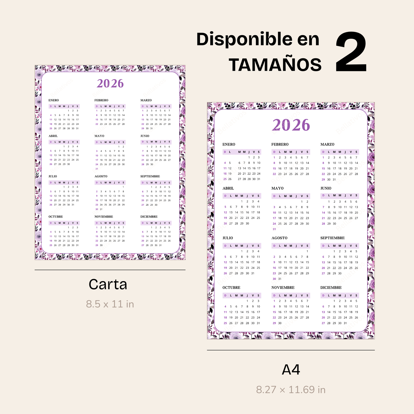 Calendario 2026 Marco Floral Lavanda PDF Imprimible