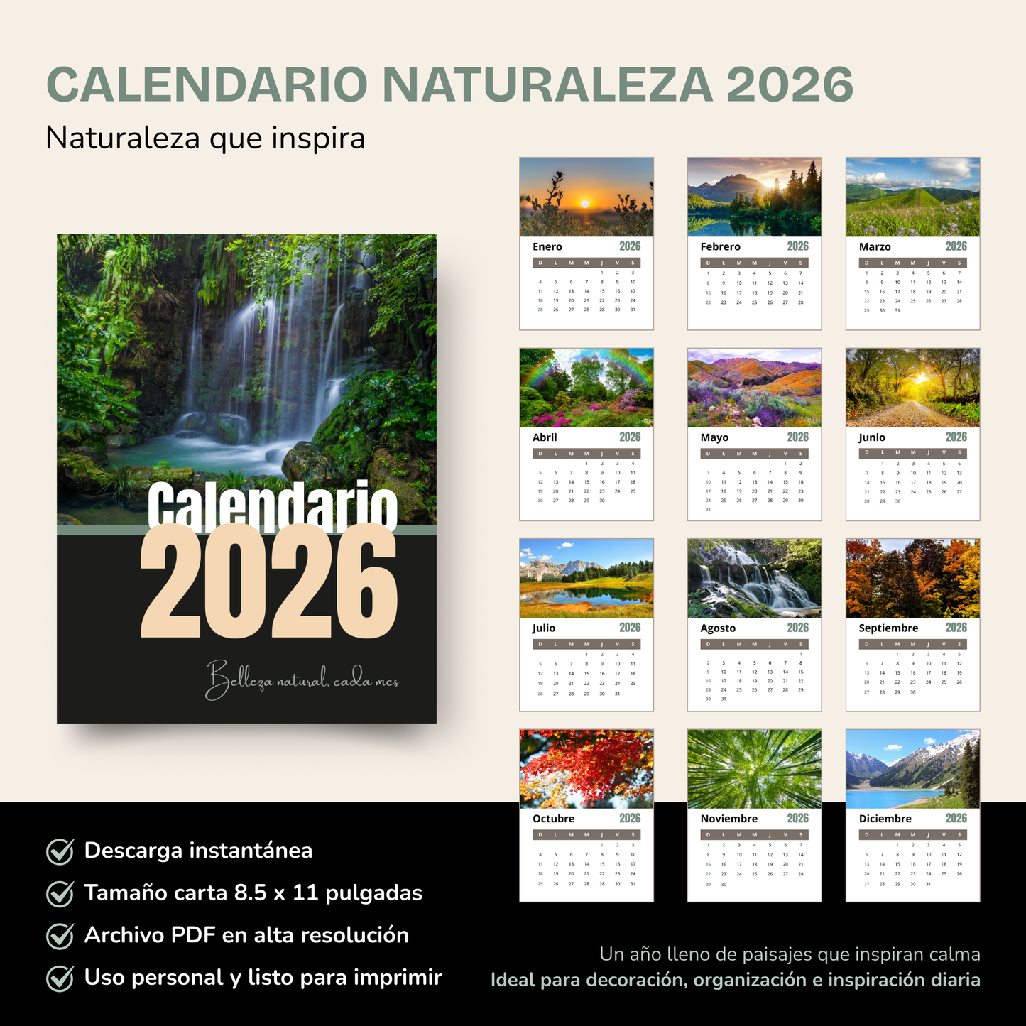 Calendario Naturaleza 2026 PDF Imprimible