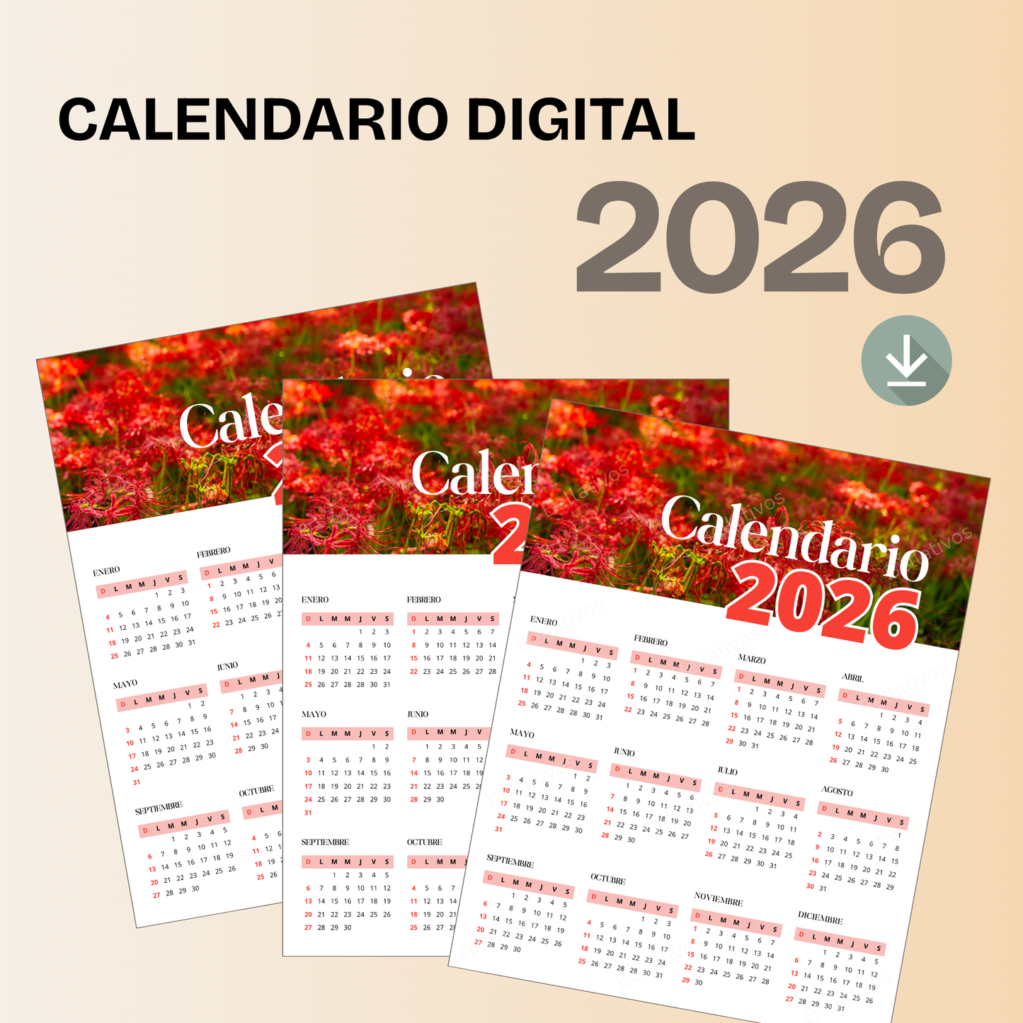 Calendario 2026 de Flores Rojas