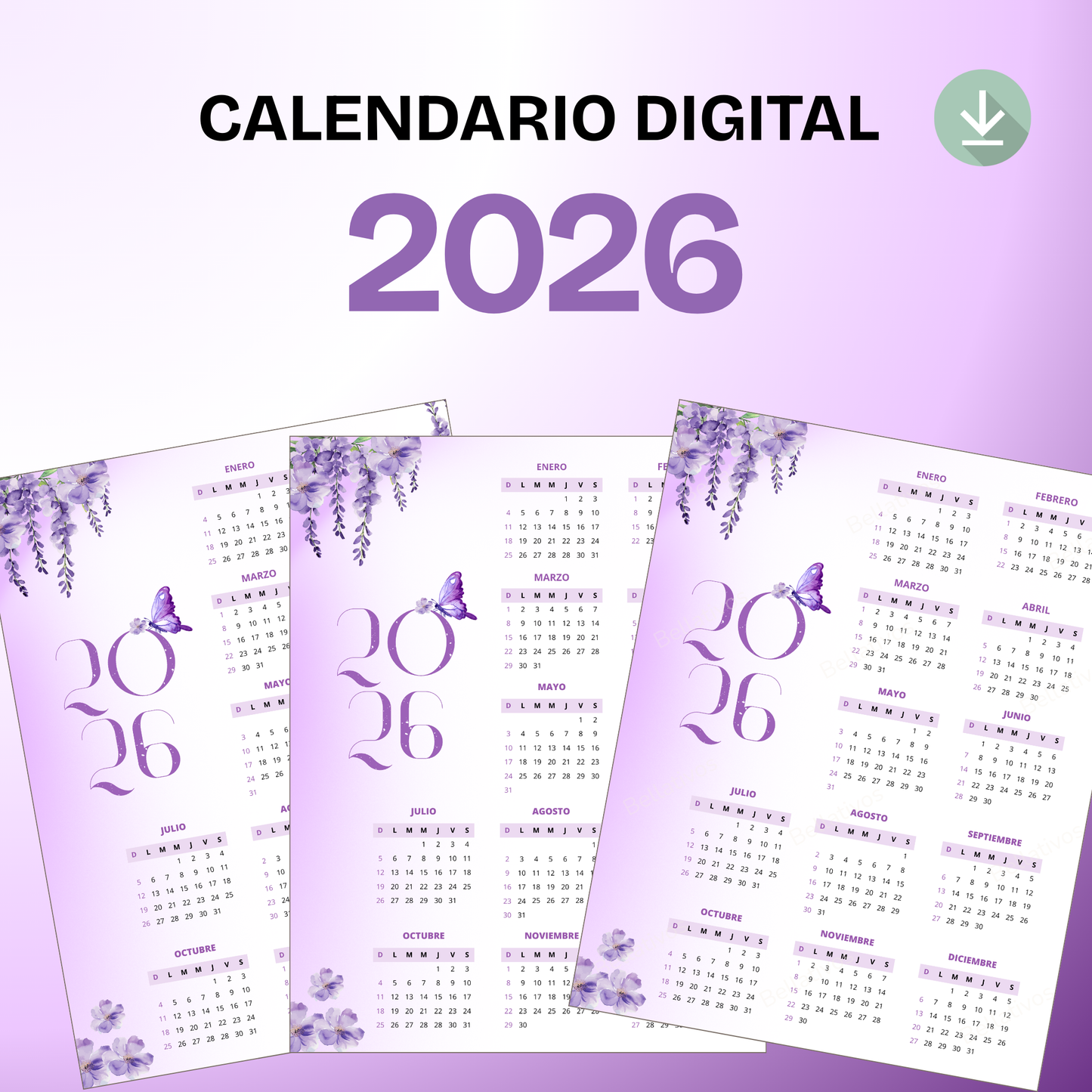 Calendario 2026 Floral Morado PDF Imprimible