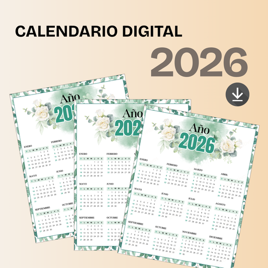 Calendario 2026 Floral Verde PDF Imprimible