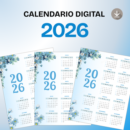 Calendario 2026 Floral Azul PDF Imprimible