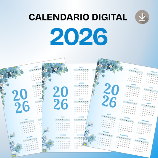 Calendario 2026 Floral Azul PDF Imprimible