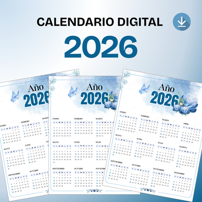 Calendario 2026 Azul Acuarela PDF Imprimible