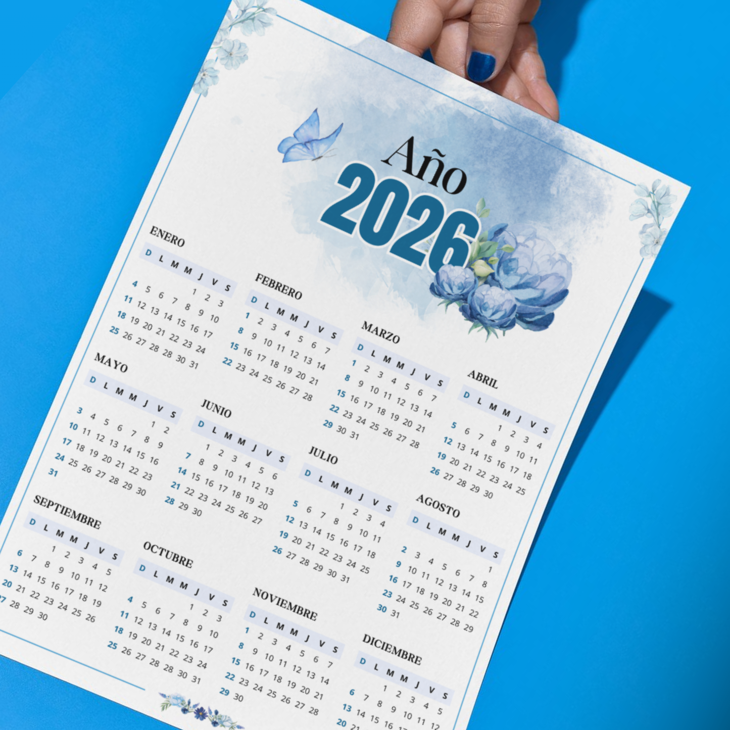 Calendario 2026 Azul Acuarela PDF Imprimible