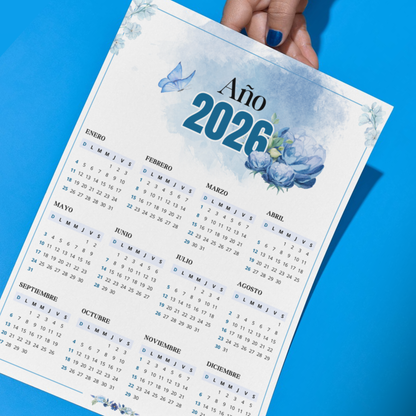 Calendario 2026 Azul Acuarela PDF Imprimible