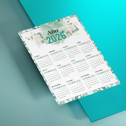 Calendario 2026 Floral Verde PDF Imprimible