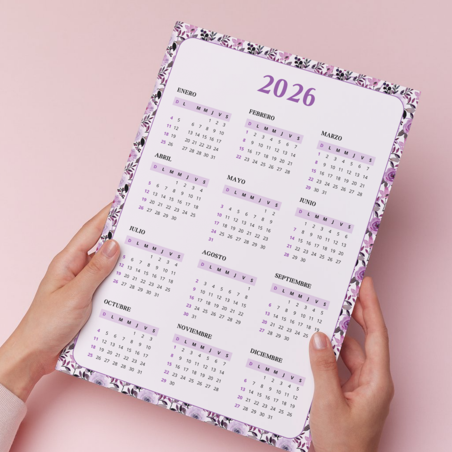Calendario 2026 Marco Floral Lavanda PDF Imprimible