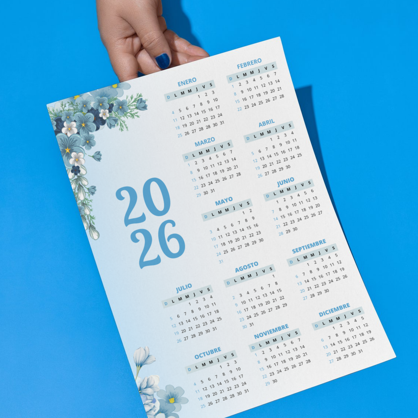 Calendario 2026 Floral Azul PDF Imprimible