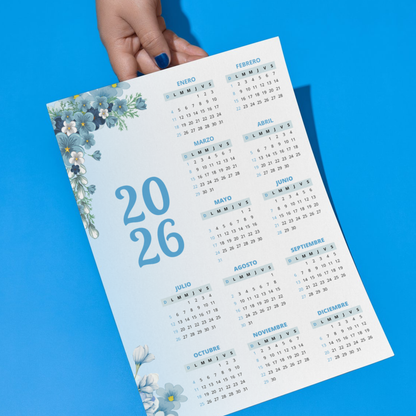 Calendario 2026 Floral Azul PDF Imprimible