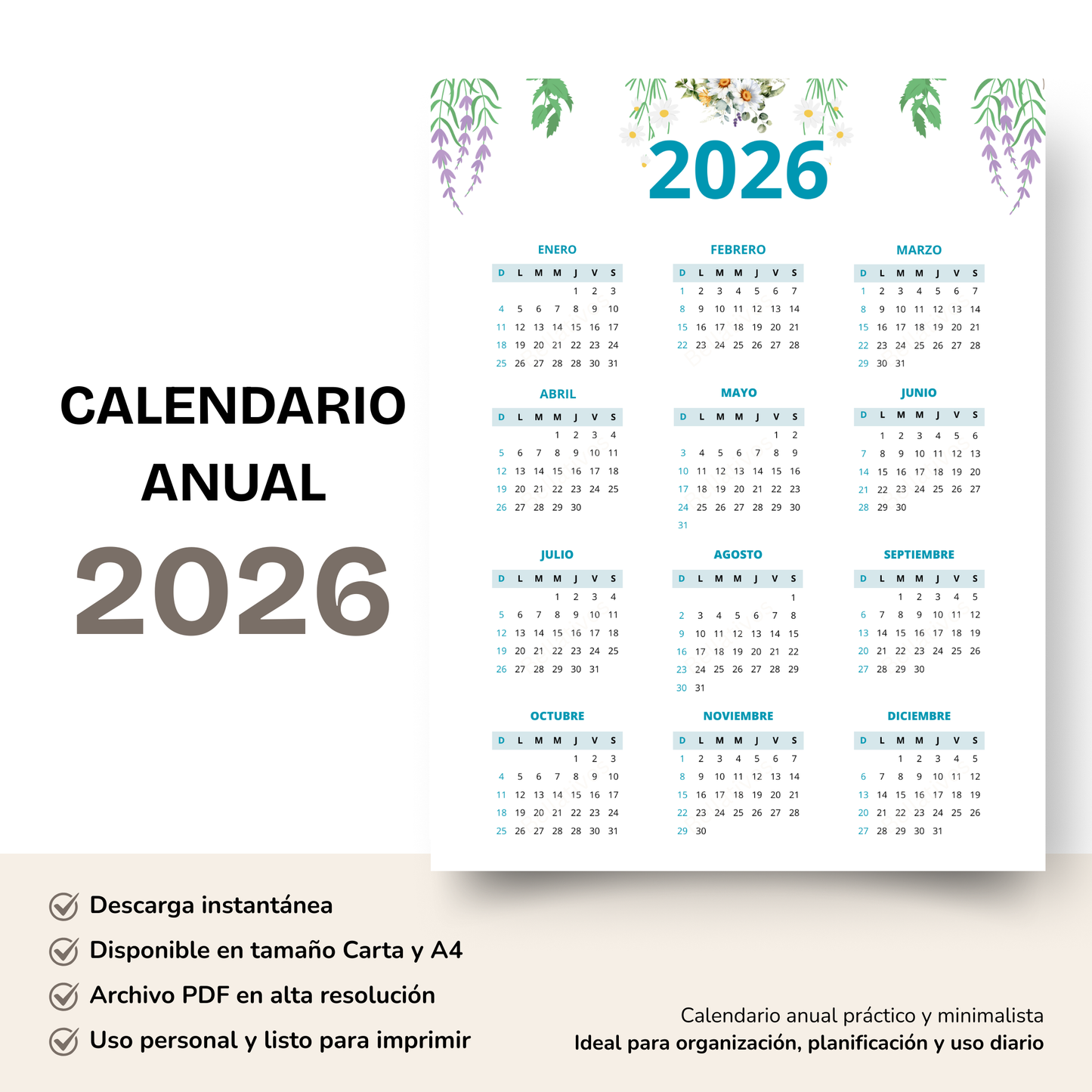 Calendario Floral Pastel 2026
