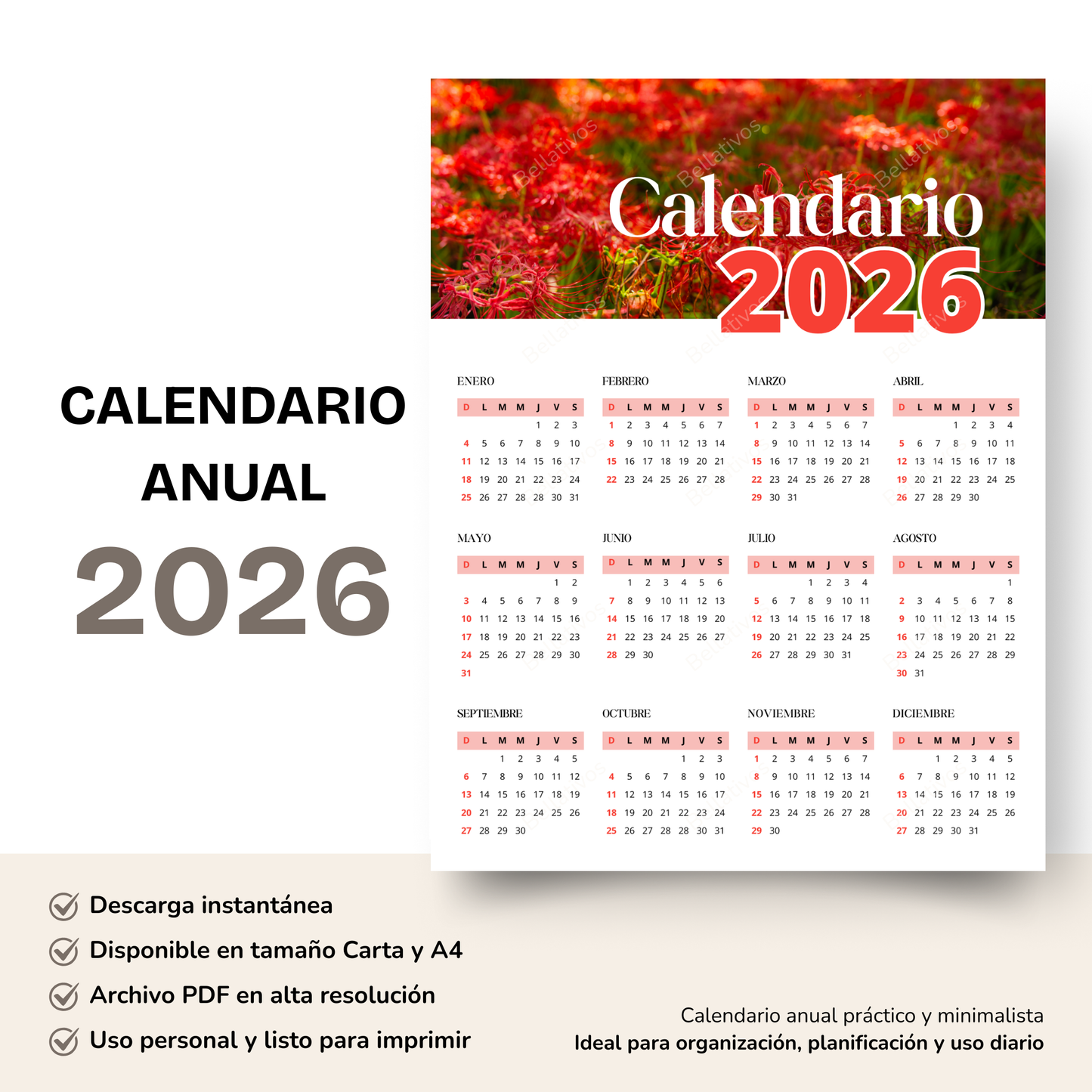Calendario 2026 de Flores Rojas