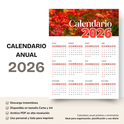 Calendario 2026 de Flores Rojas