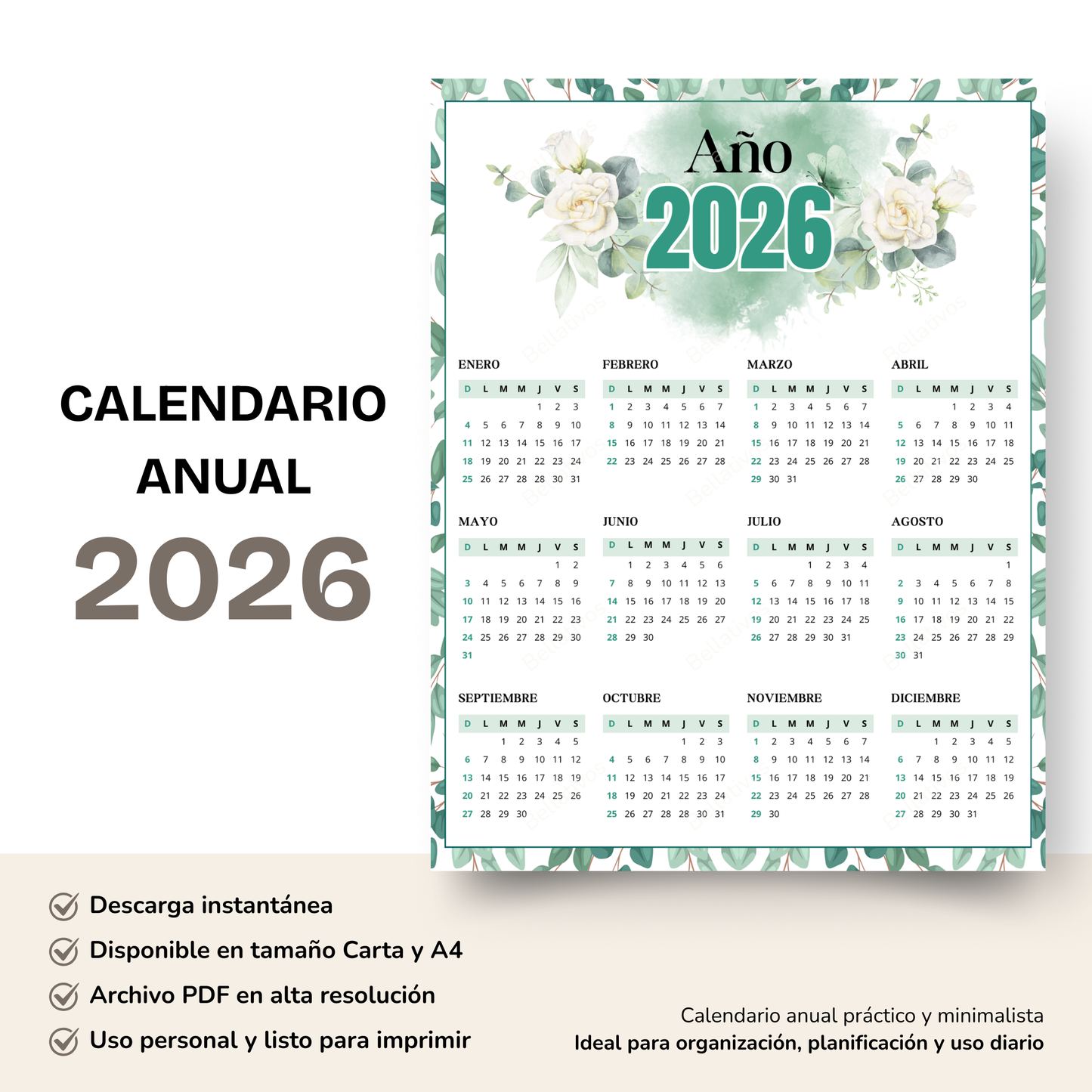 Calendario 2026 Floral Verde PDF Imprimible