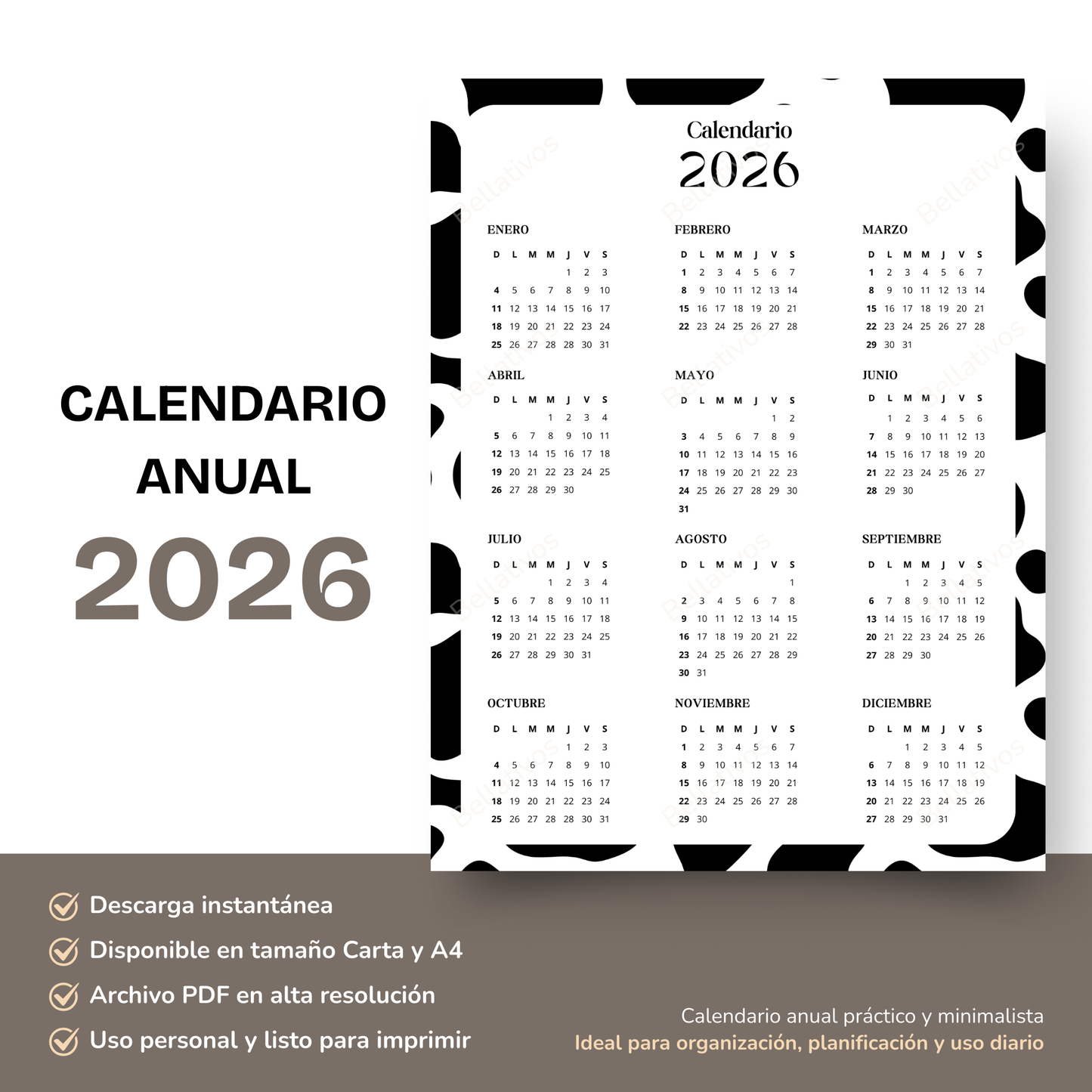 Calendario 2026 Blanco y Negro PDF Imprimible