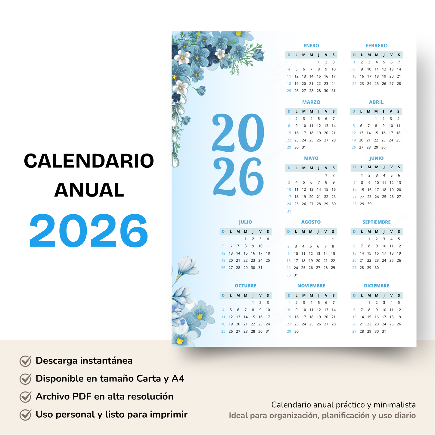 Calendario 2026 Floral Azul PDF Imprimible