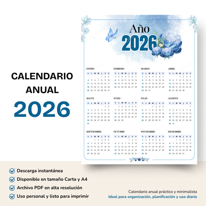 Calendario 2026 Azul Acuarela PDF Imprimible