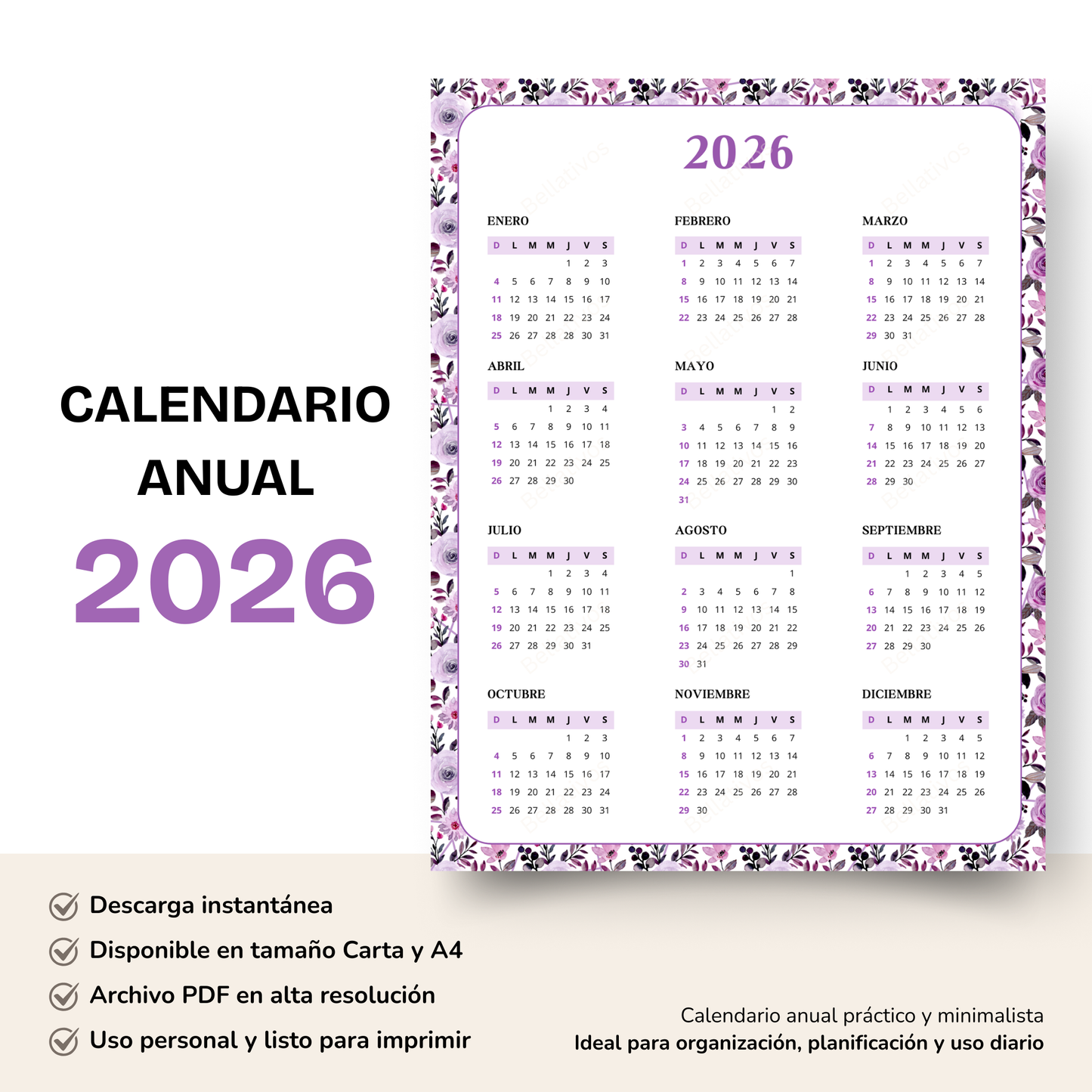 Calendario 2026 Marco Floral Lavanda PDF Imprimible