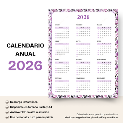 Calendario 2026 Marco Floral Lavanda PDF Imprimible
