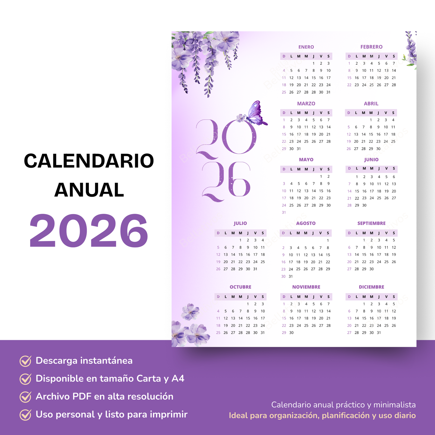 Calendario 2026 Floral Morado PDF Imprimible