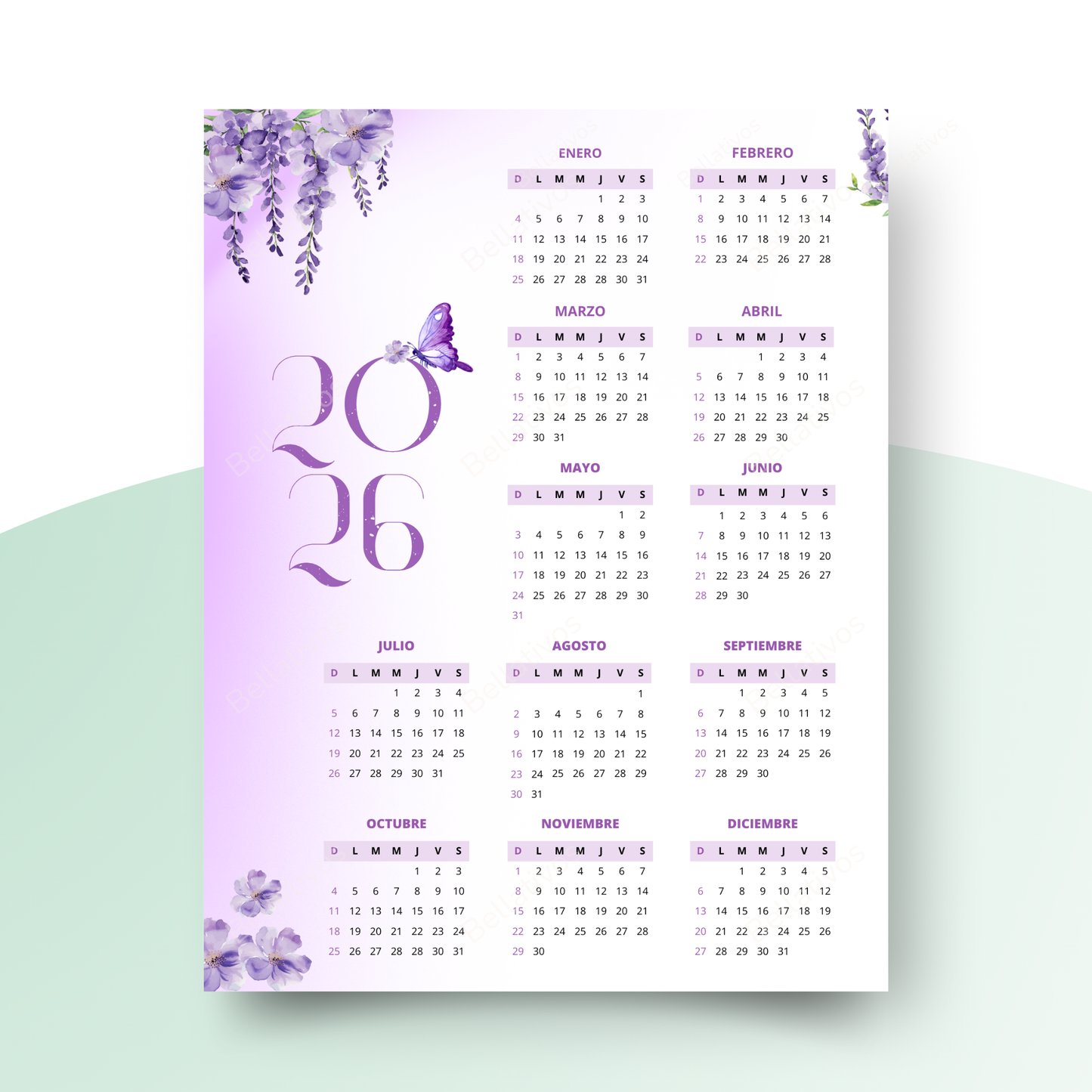 Calendario 2026 Floral Morado PDF Imprimible
