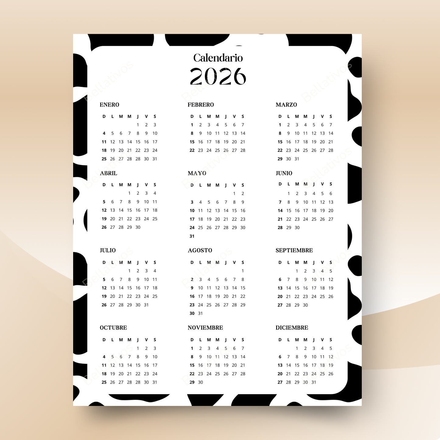 Calendario 2026 Blanco y Negro PDF Imprimible