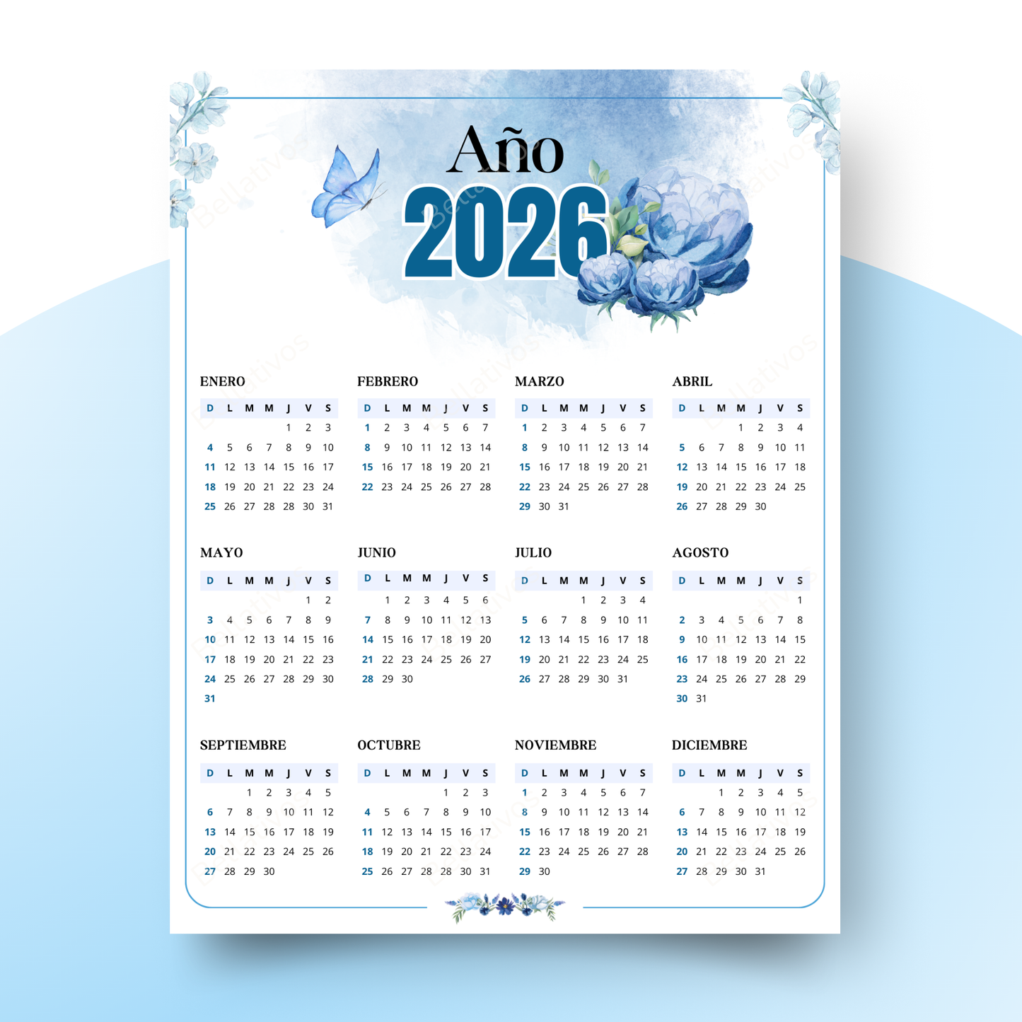 Calendario 2026 Azul Acuarela PDF Imprimible