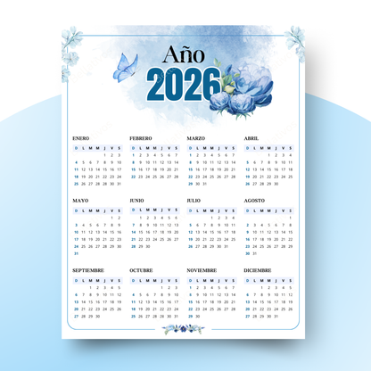 Calendario 2026 Azul Acuarela PDF Imprimible