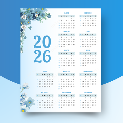Calendario 2026 Floral Azul PDF Imprimible