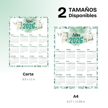 Calendario 2026 Floral Verde PDF Imprimible
