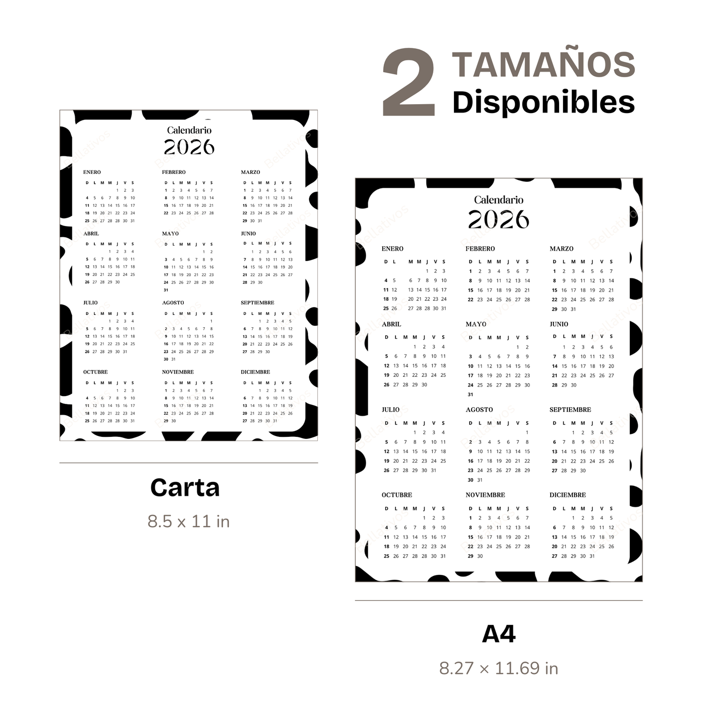 Calendario 2026 Blanco y Negro PDF Imprimible