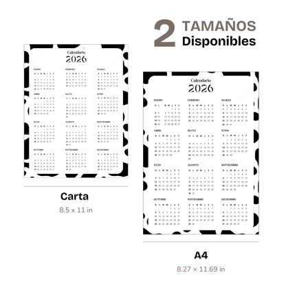 Calendario 2026 Blanco y Negro PDF Imprimible