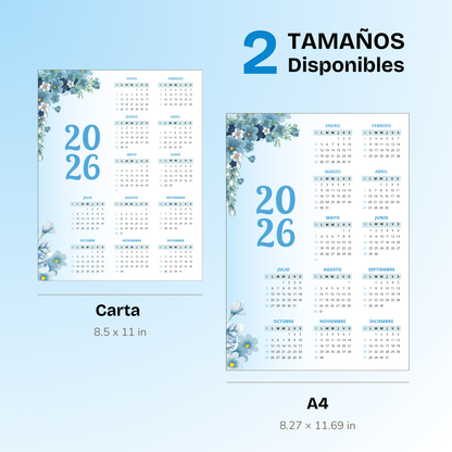 Calendario 2026 Floral Azul PDF Imprimible