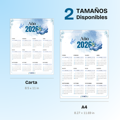 Calendario 2026 Azul Acuarela PDF Imprimible