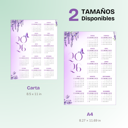 Calendario 2026 Floral Morado PDF Imprimible